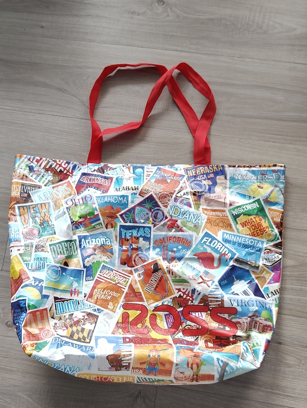 Ross Travel Patch Print Tote Bag in Multicolor with Red Straps